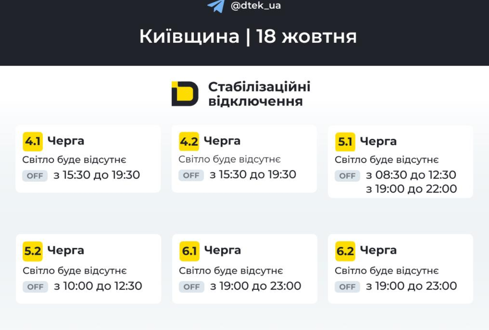 На Київщині 18 жовтня діятимуть стабілізаційні відключення світла